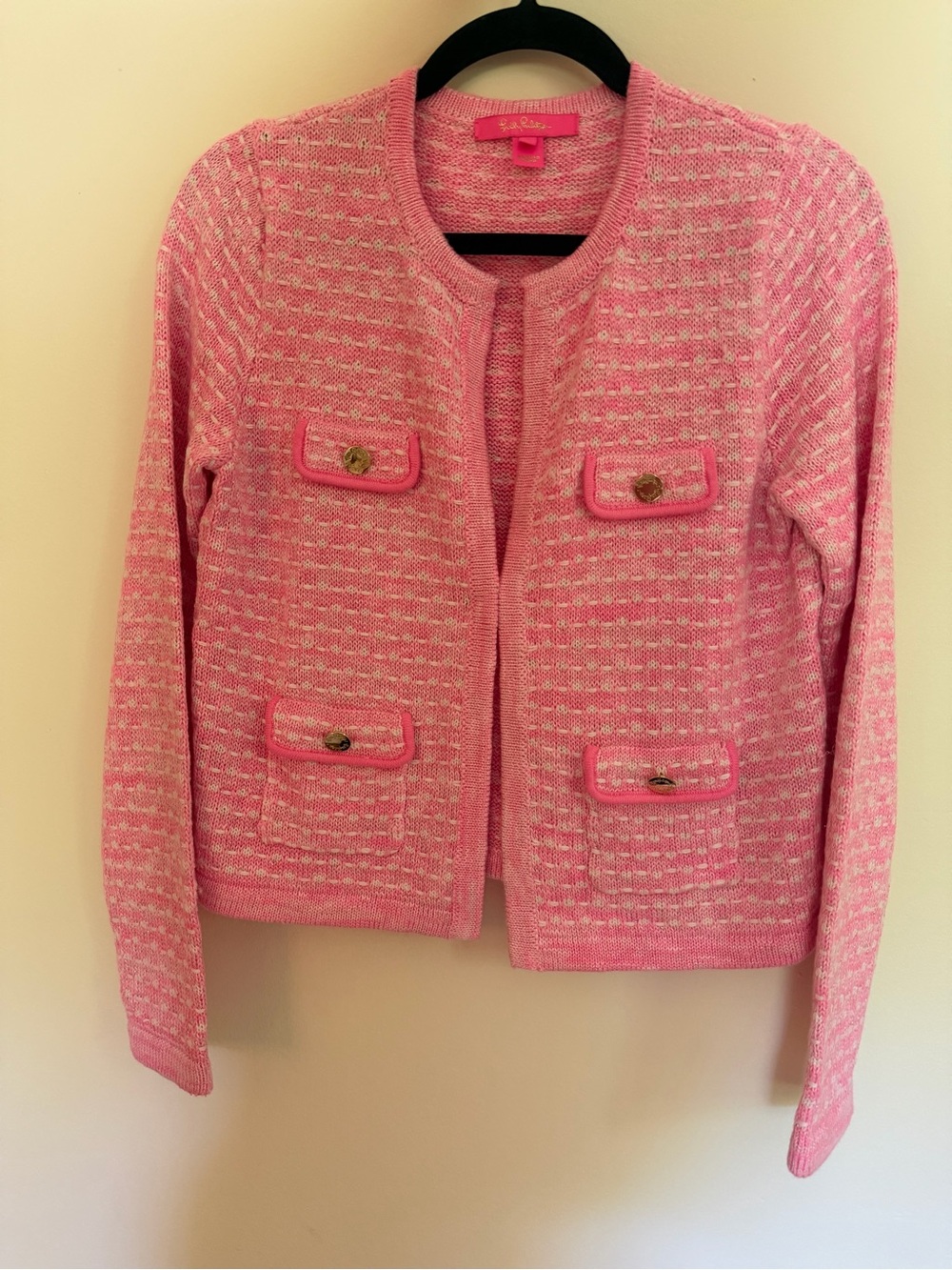 NWOT Lilly Pulitzer Pink Tweed Open-Front Sweater Jacket with Gold Buttons